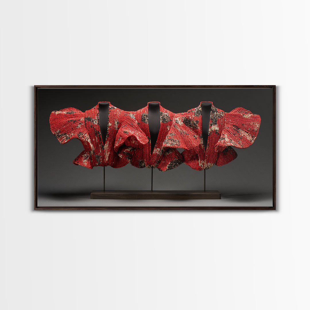 Red Ankara Textile Sculpture Framed Canvas Print, African Fabric Wall Decor, Bold Afrocentric Art For Elegant Modern Home