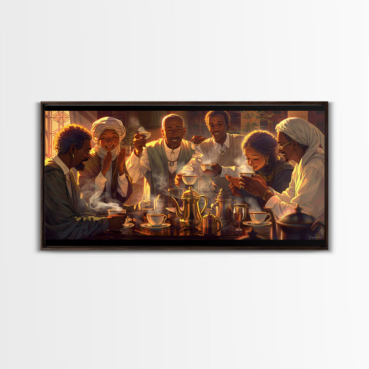 Joyful African Family Tea Gathering Wall Art, Black Culture Art Print, Warm Afrocentric Home Decor For Kitchen Or Dining Room