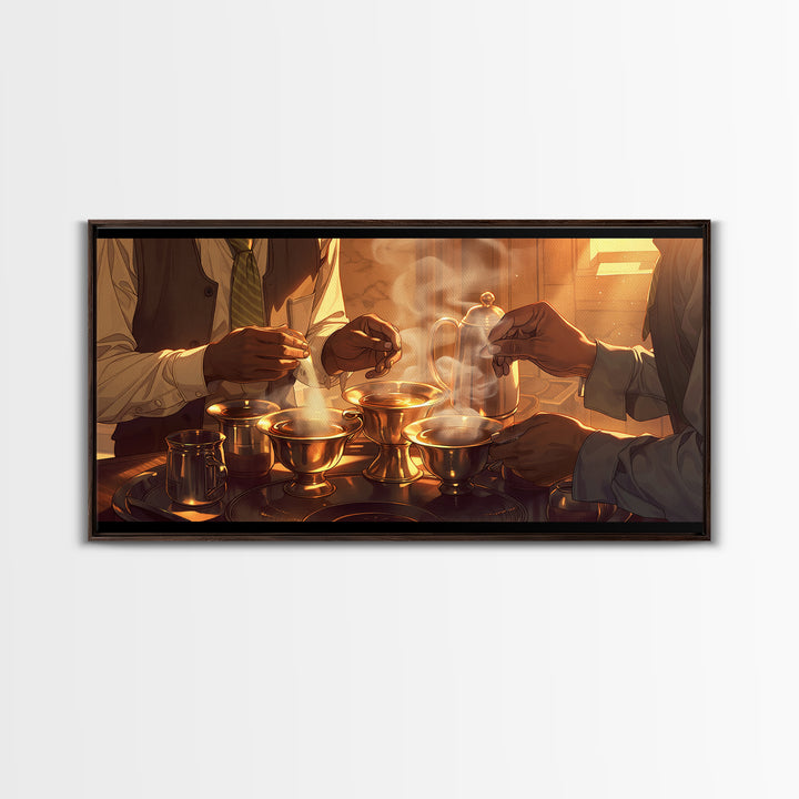Golden Hands Pouring Tea Canvas Print, African Inspired Kitchen Wall Decor, Cultural Art Print For Warm Dining Room Home Decor