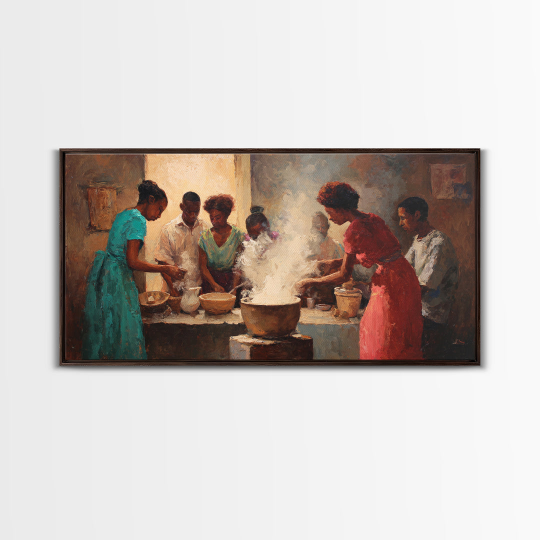 Community Cooking With Steaming Pot Wall Art, African American Art, Black Family Kitchen Decor, Cultural Home Decor Gift