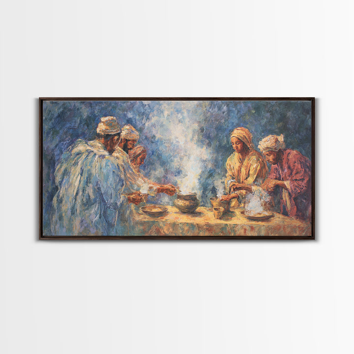 Traditional African Tea Ceremony Framed Canvas Print, Blue Robe Gathering Painting, Cultural Wall Decor For Boho Living Room