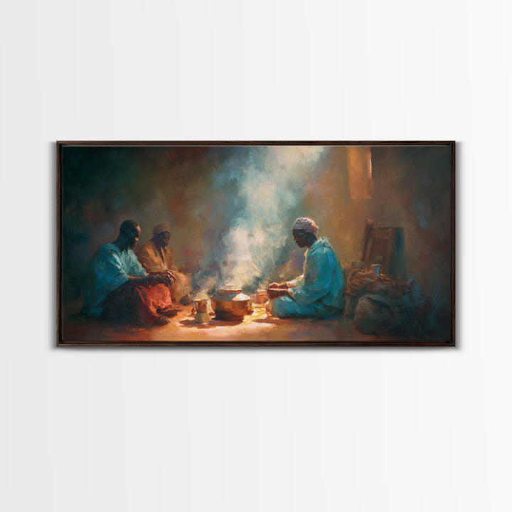 Smoky Hearth Tea Gathering Canvas Print, African Men In Blue Robes, Spiritual Culture Wall Art For Rustic Living Room Decor