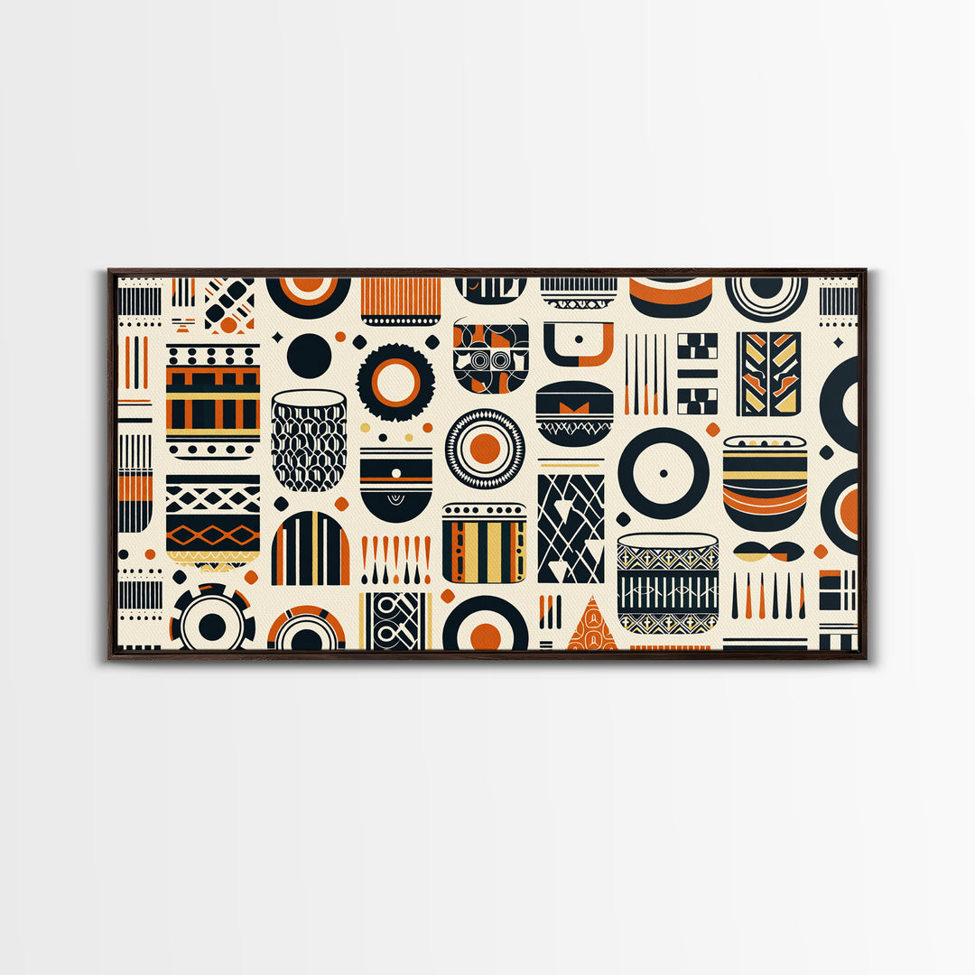African Tribal Pattern Canvas Print, Black Orange Textile Wall Art, Afrocentric Geometric Decor, Boho Home Decor Gift For Living Room