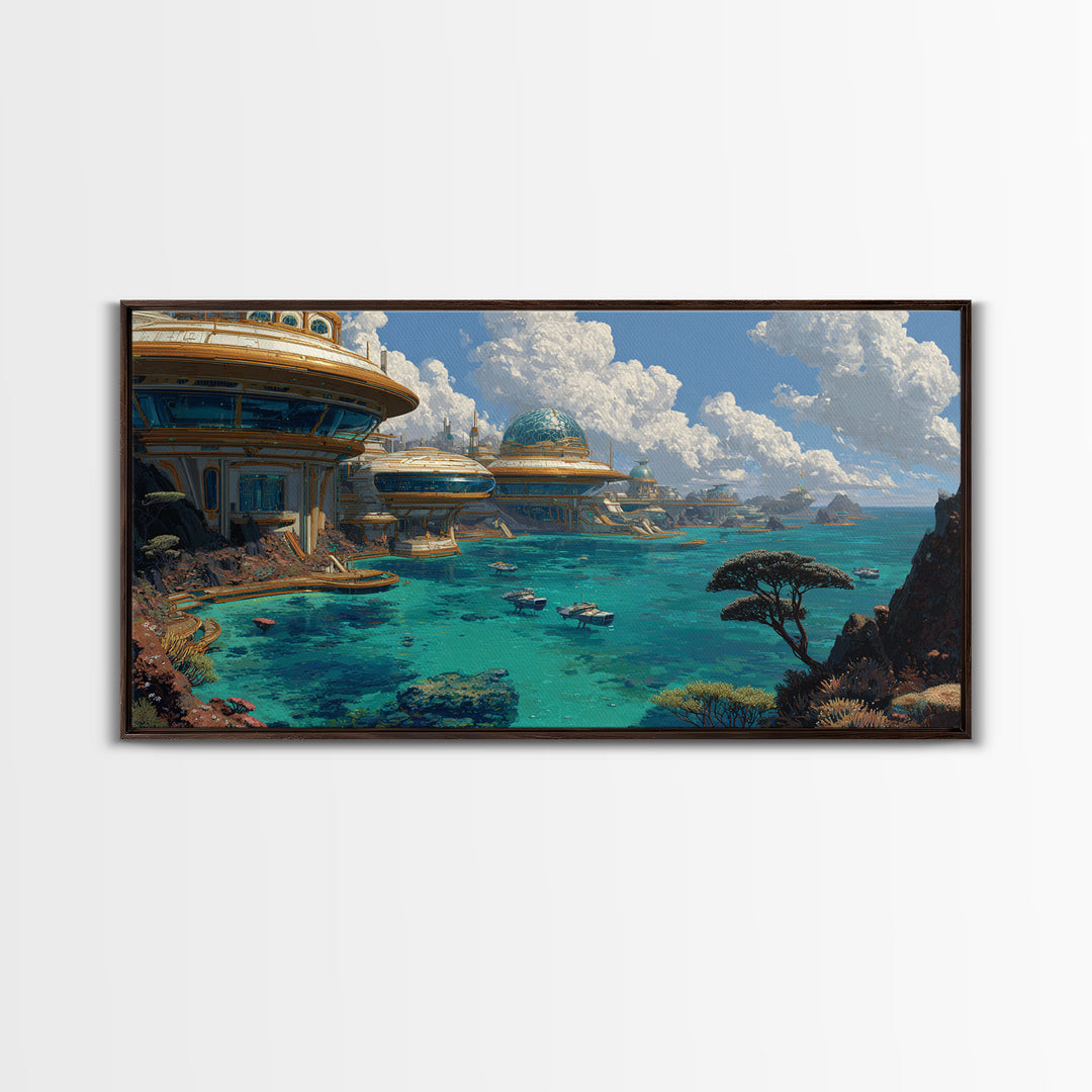 Afrofuturism Ocean City Framed Canvas Print, Futuristic African Coastal Wall Art, Turquoise Sci Fi Home Decor Gift For Office