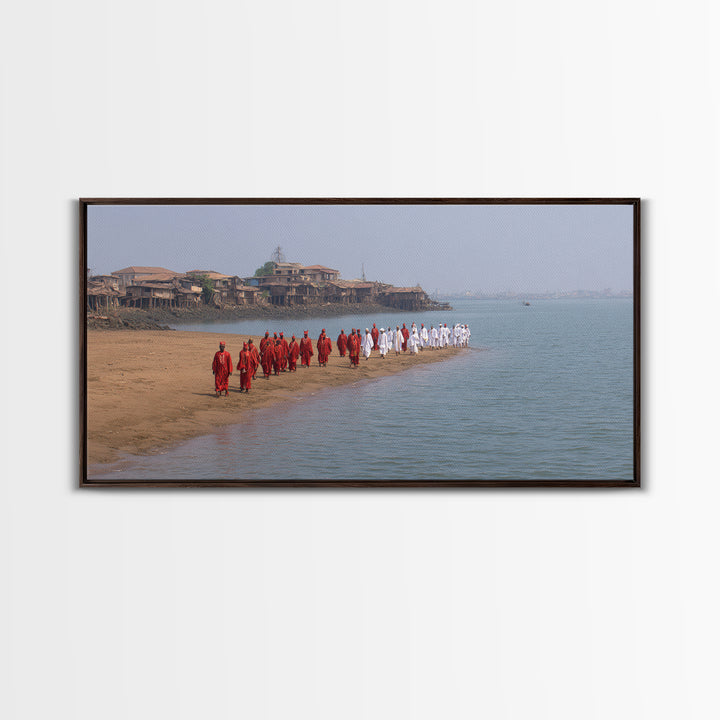 Red And White Beach Procession Wall Art, African Coastal Ceremony Canvas Print, Cultural Travel Decor For Living Room Gift