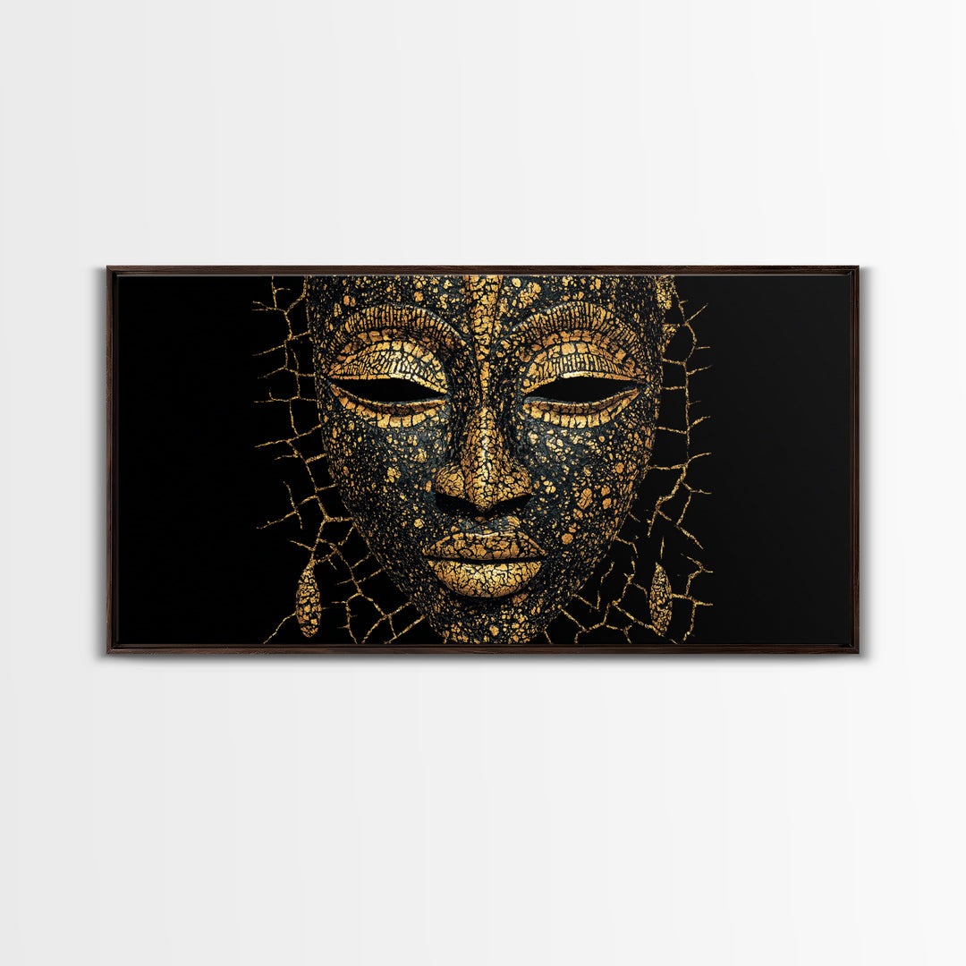Gold Black African Mask Portrait Wall Art, Textured Tribal Mask Canvas Print, Elegant Afrocentric Decor, Luxury Home Decor