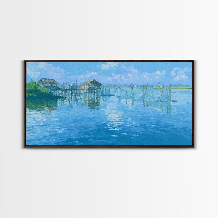 Blue Coastal Fishing Village Wall Art, Serene Water Landscape Canvas Print, Beach Art, Nature Scene Art, Living Room Decor