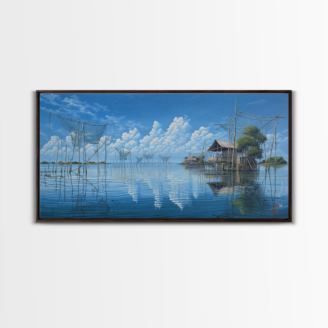 Calm Lake Fishing Nets Wall Art, Blue Sky Reflections Canvas Print, Coastal Landscape, Nature Scene Art, Serene Home Decor