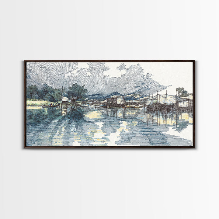Ink Sketch Fishing Harbor Wall Art, Blue Coastal Village Canvas Print, Minimalist Art, Water Reflection, Office Decor Gift