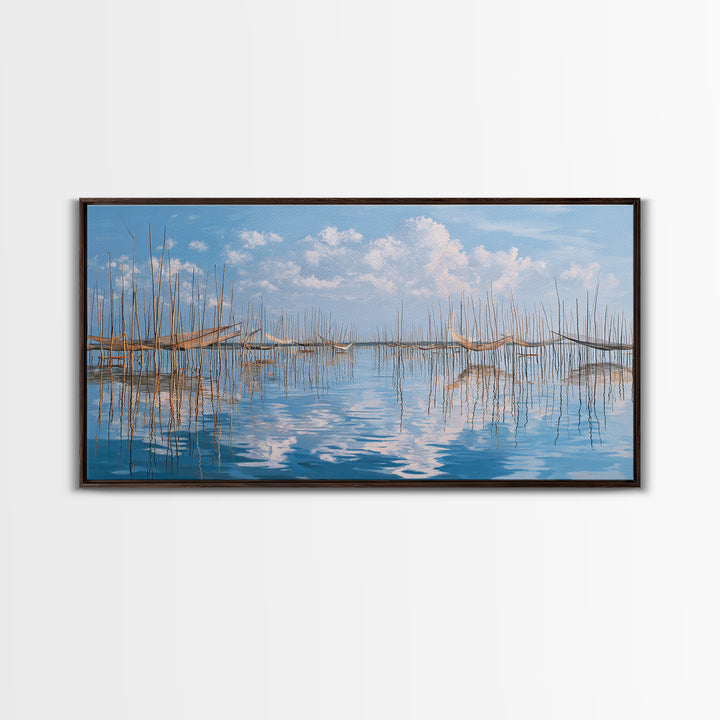 Peaceful Bamboo Fishing Poles Wall Art, Blue Water Landscape Canvas Print, Coastal Nature Scene Art, Elegant Living Room Decor