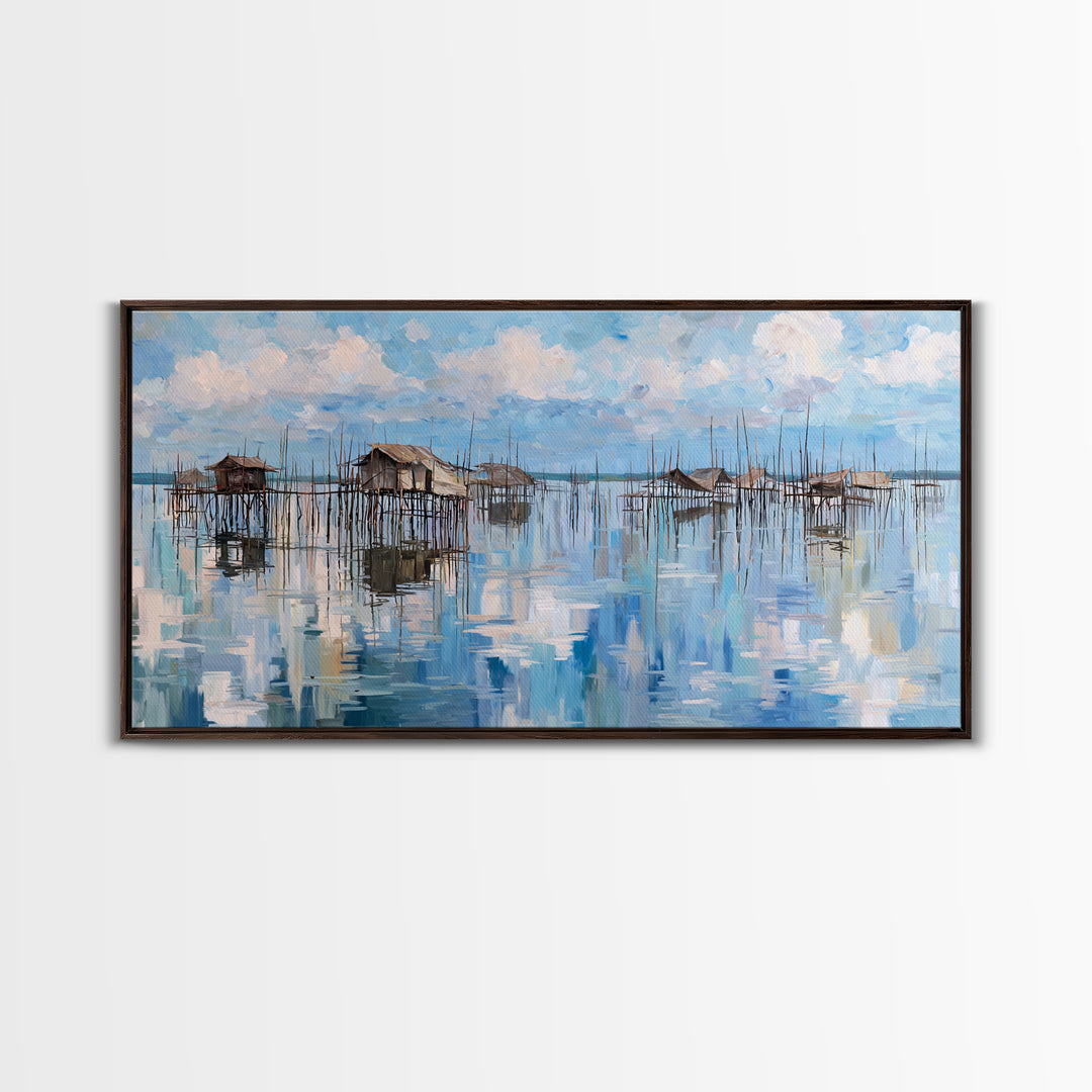 Blue Stilt Village Seascape Reflections Wall Art, Coastal Water Village Canvas Decor, Serene Sky Painting, Living Room Decor