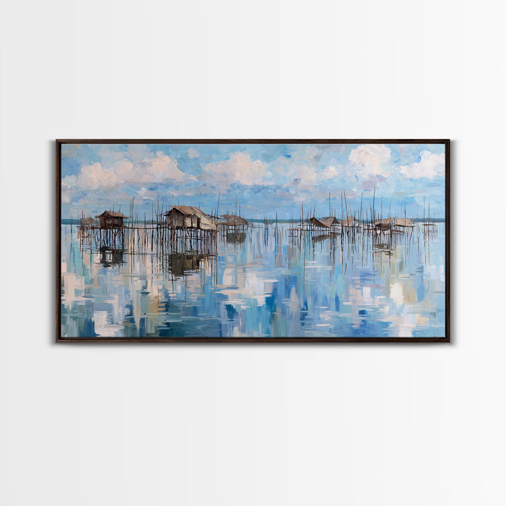 Blue Stilt Village Seascape Reflections Wall Art, Coastal Water Village Canvas Decor, Serene Sky Painting, Living Room Decor