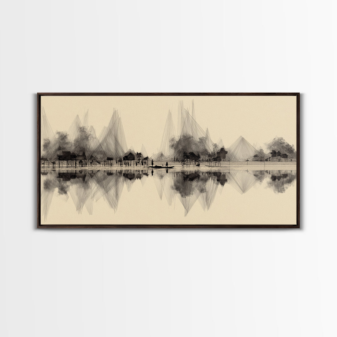 Sepia Ink Lakeside Village Reflections Wall Art, Minimalist Landscape Print, Serene Neutral Decor, Gallery Style Home Decor