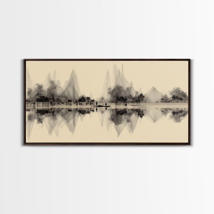 Sepia Ink Lakeside Village Reflections Wall Art, Minimalist Landscape Print, Serene Neutral Decor, Gallery Style Home Decor