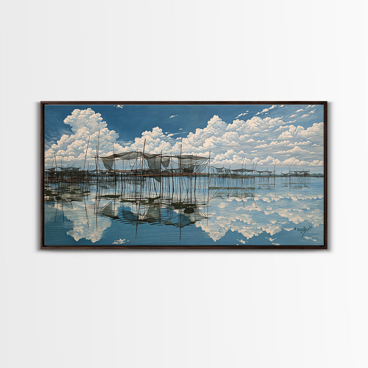 Bright Stilt House Lagoon Reflections Canvas Print, Coastal Sky Wall Decor, Blue Water Landscape Art, Serene Living Room Decor