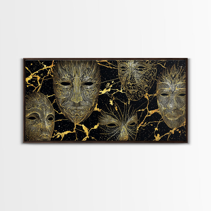 Gold Line African Mask Wall Art, Black And Gold Tribal Art Print, Abstract African Art Decor, Afrocentric Statement Decor