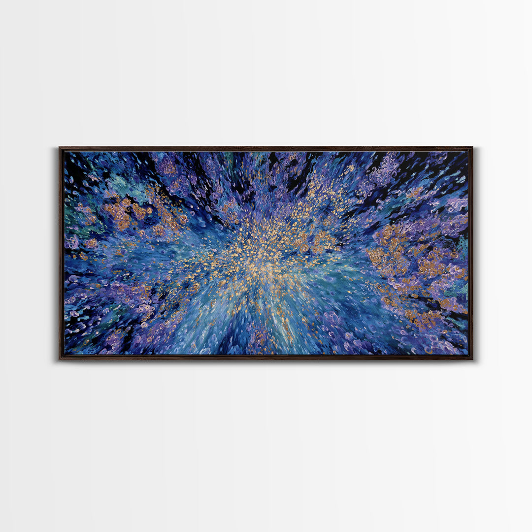 Blue Gold Cosmic Abstract Wall Art, Explosive Modern Canvas Decor, Textured Art Print, Dreamy Statement Living Room Decor