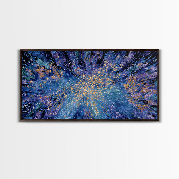 Blue Gold Cosmic Abstract Wall Art, Explosive Modern Canvas Decor, Textured Art Print, Dreamy Statement Living Room Decor