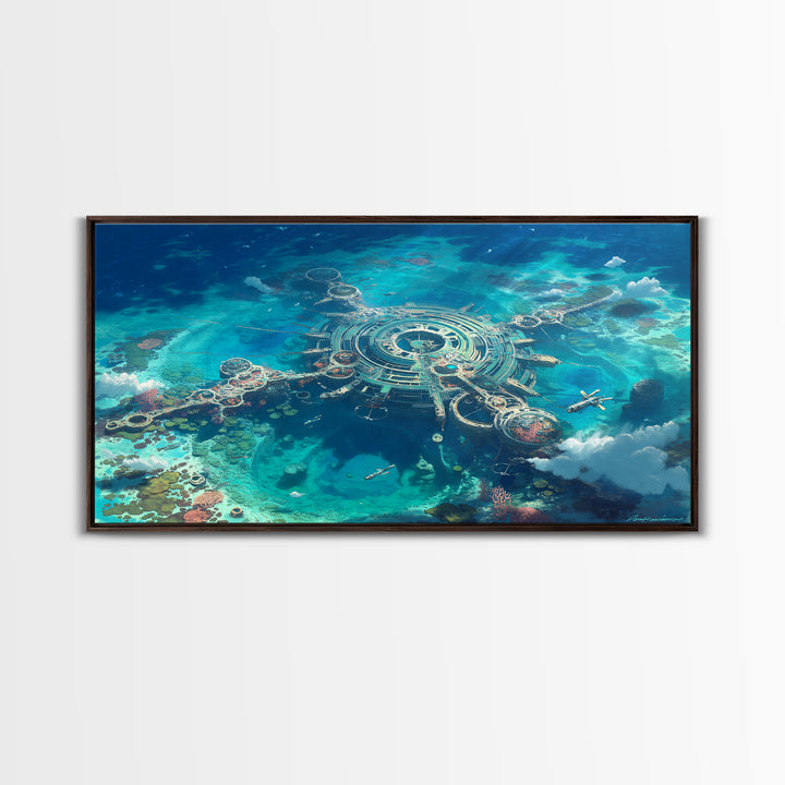 Futuristic Ocean City Aerial Canvas Print, Turquoise Sci Fi Island Wall Decor, Modern Digital Art, Unique Coastal Home Decor