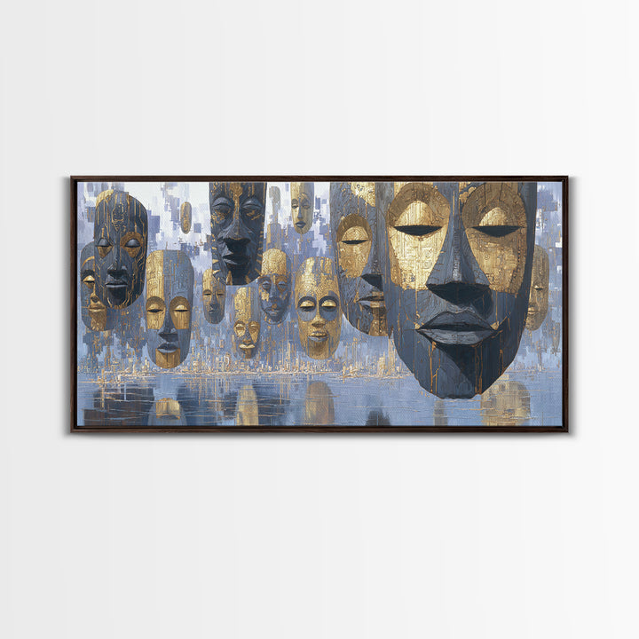 Floating African Mask Framed Canvas Print, Blue Gold Tribal Wall Decor, Modern African Art, Afrocentric Living Room Decor