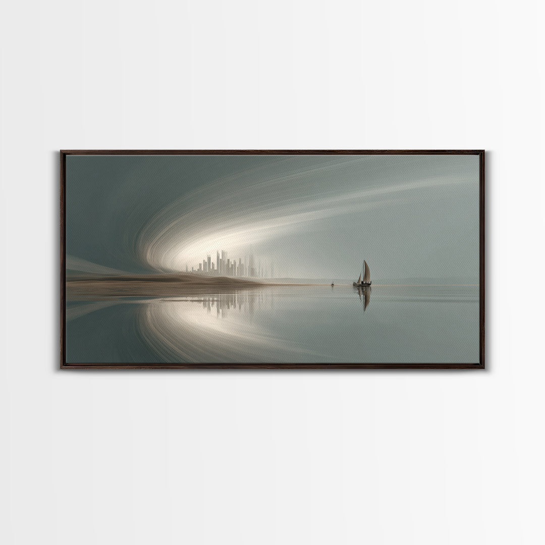 Misty Futuristic Sailboat Wall Art, Serene Coastal Skyline, Modern Minimalist Decor, Dreamy Landscape, Luxury Canvas Print
