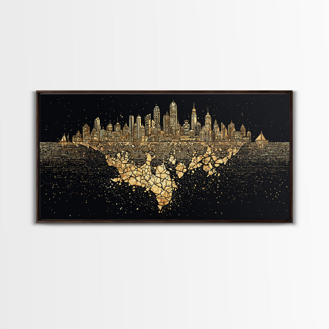 Gold Floating Skyline Wall Art, Black And Gold Art, Modern Cityscape Poster, Abstract Urban Decor, Statement Canvas Print