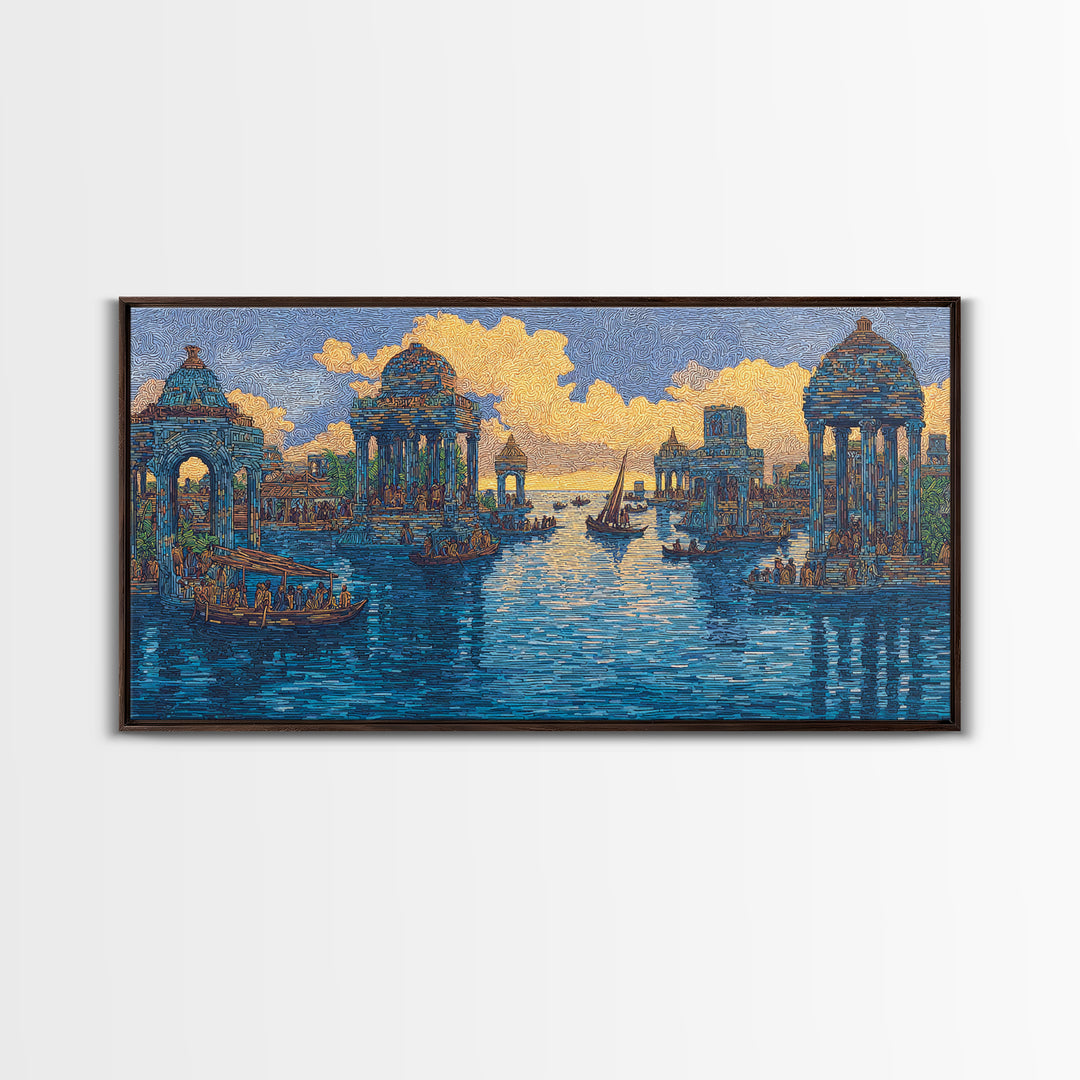 Blue Golden Temple Canal Wall Art, Ancient City Landscape, Cultural Art Print, Dreamy Water Decor, Contemporary Canvas Print