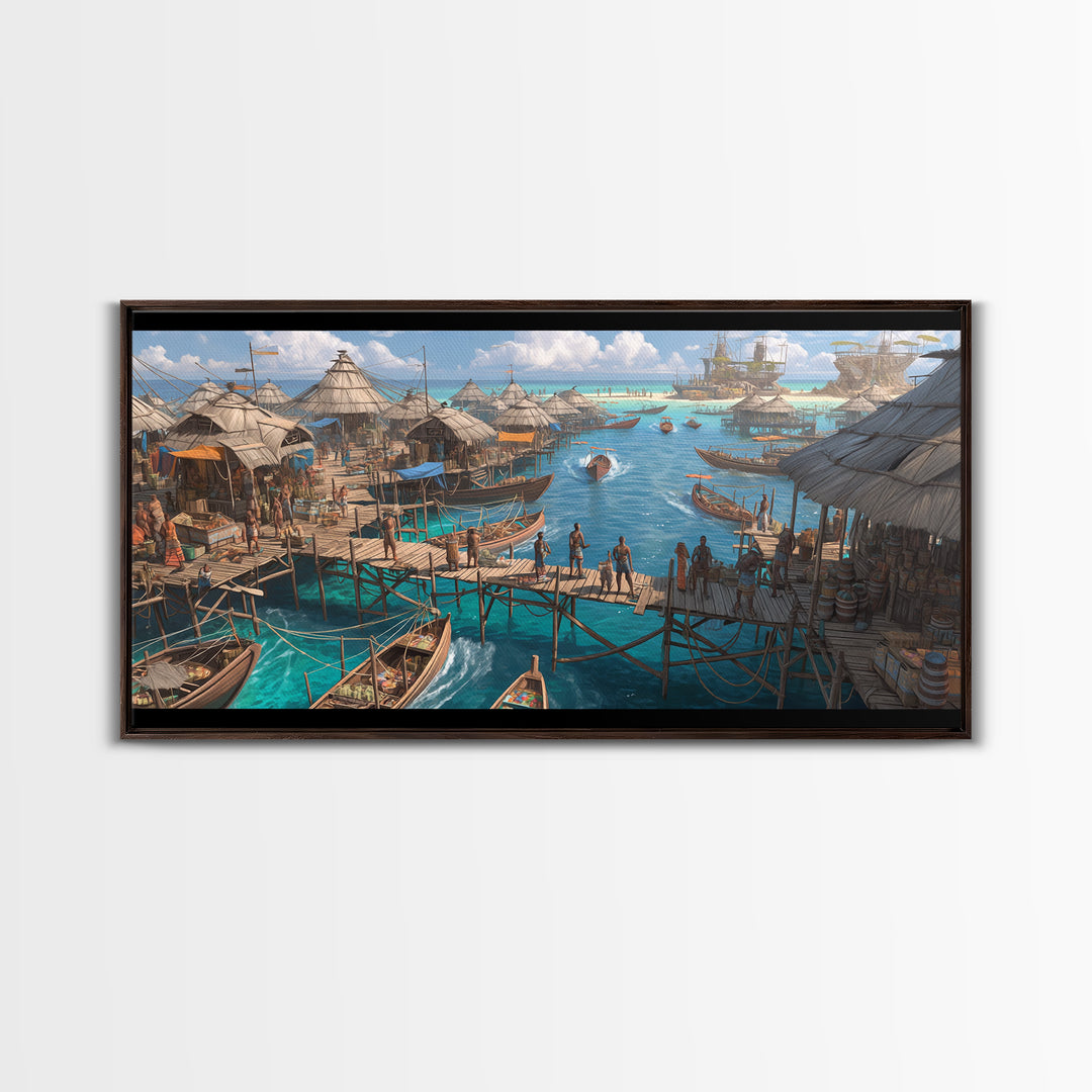 Tropical Stilt Village Wall Art, African Coastal Harbor, Fishing Boats, Teal Water Decor, Safari Travel Canvas Print, Unique Home Decor
