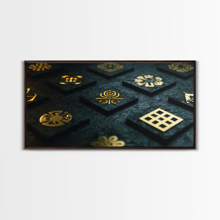 Gold Adinkra Symbols Wall Art, African Patterns Decor, Black And Gold Design, Spiritual Cultural Art, Framed Canvas Print