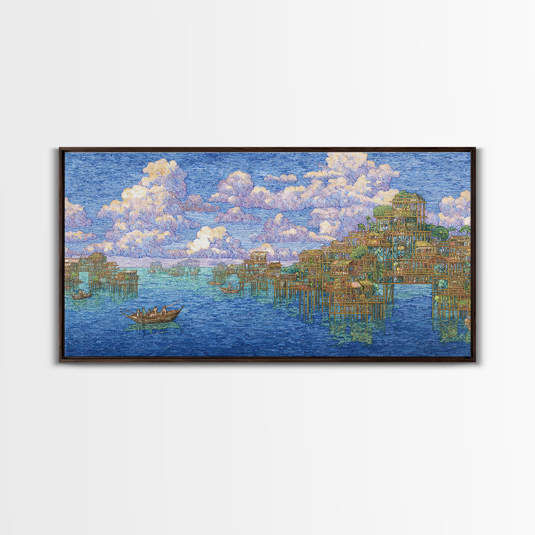 Ocean Stilt Village Wall Art, Blue Coastal Landscape, African Inspired Fishing Boats, Dreamy Clouds, Premium Canvas Print