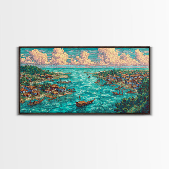 Turquoise Island Fishing Village Wall Art, African Coastal Landscape, Teal Water Decor, Nature Scene Art, Canvas Print Gift