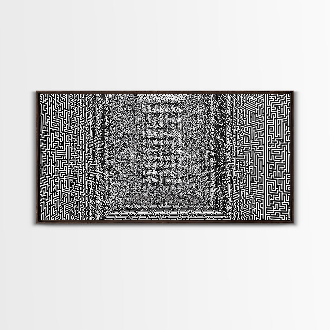 Black And White Optical Maze Room Wall Art, Abstract Geometric Pattern Print, Modern Minimalist Office Decor, Bold Canvas