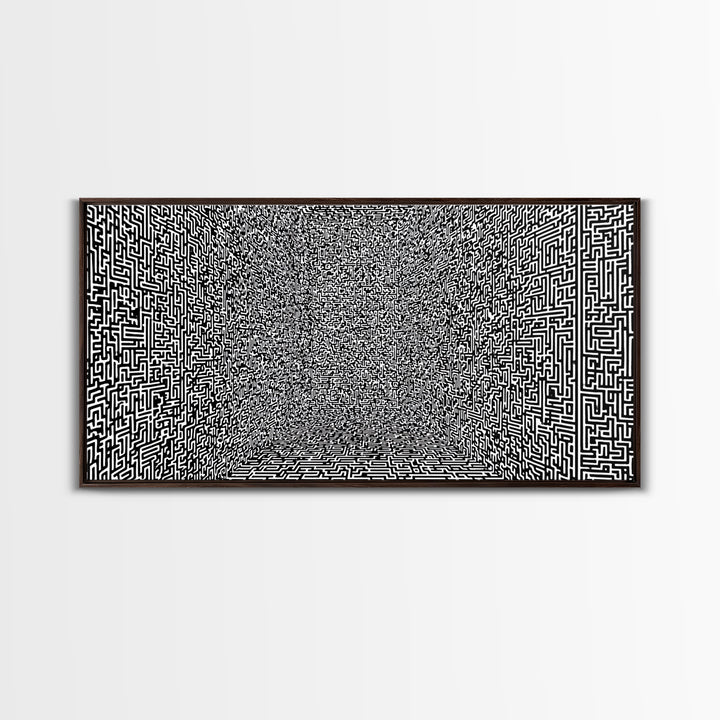 Black And White Optical Maze Room Wall Art, Abstract Geometric Pattern Print, Modern Minimalist Office Decor, Bold Canvas