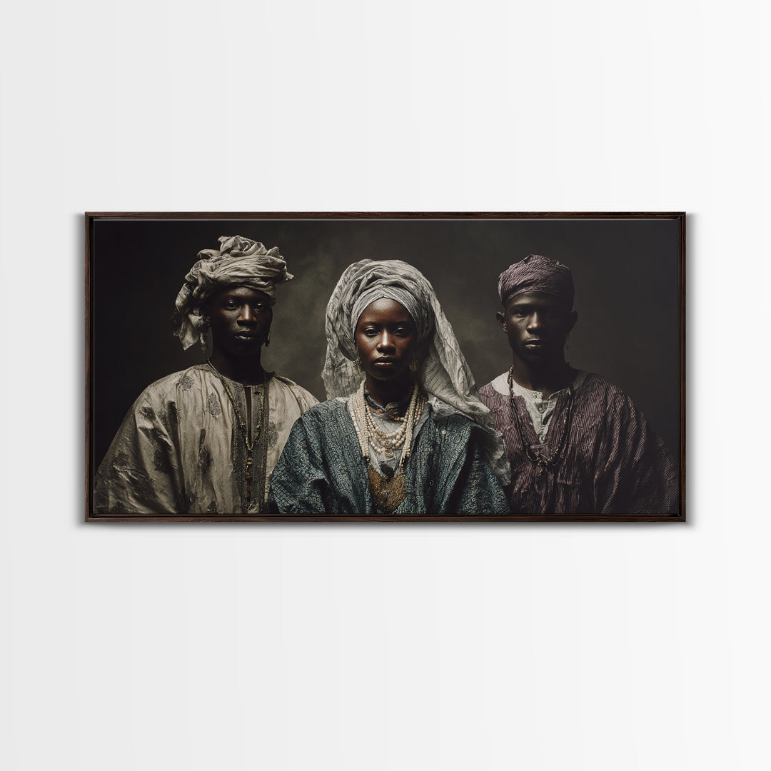 Regal African Trio Portrait Framed Canvas Print, Traditional Headwraps, Afrocentric Wall Decor, Black Culture Portrait Art Gift