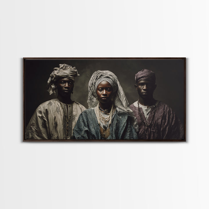 Regal African Trio Portrait Framed Canvas Print, Traditional Headwraps, Afrocentric Wall Decor, Black Culture Portrait Art Gift
