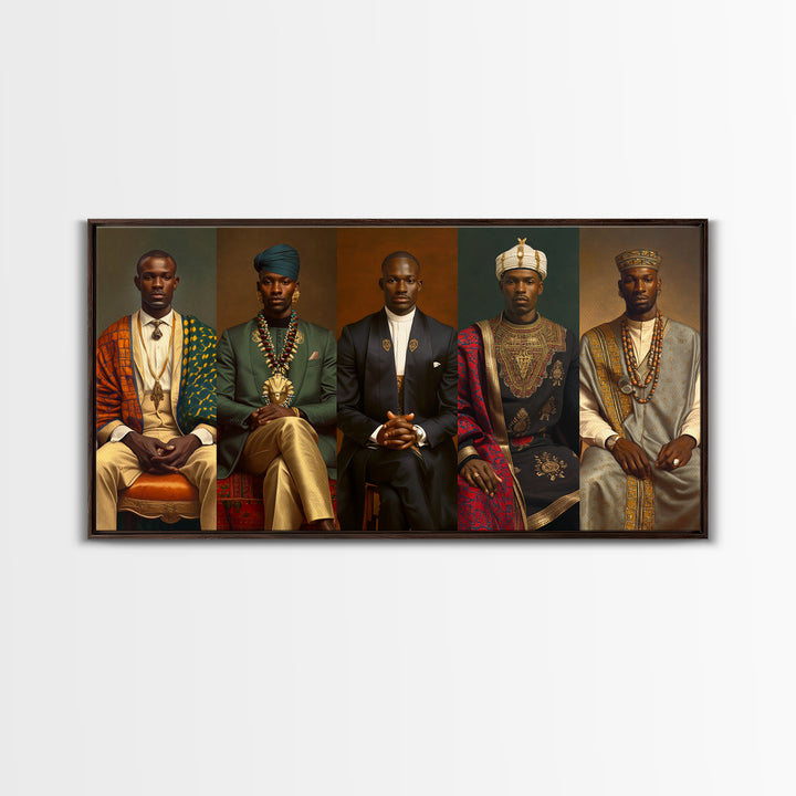 Five Regal African Kings Framed Canvas Print, Royal Portrait Wall Art, Black Men Cultural Decor, Afrocentric Home Decor Gift