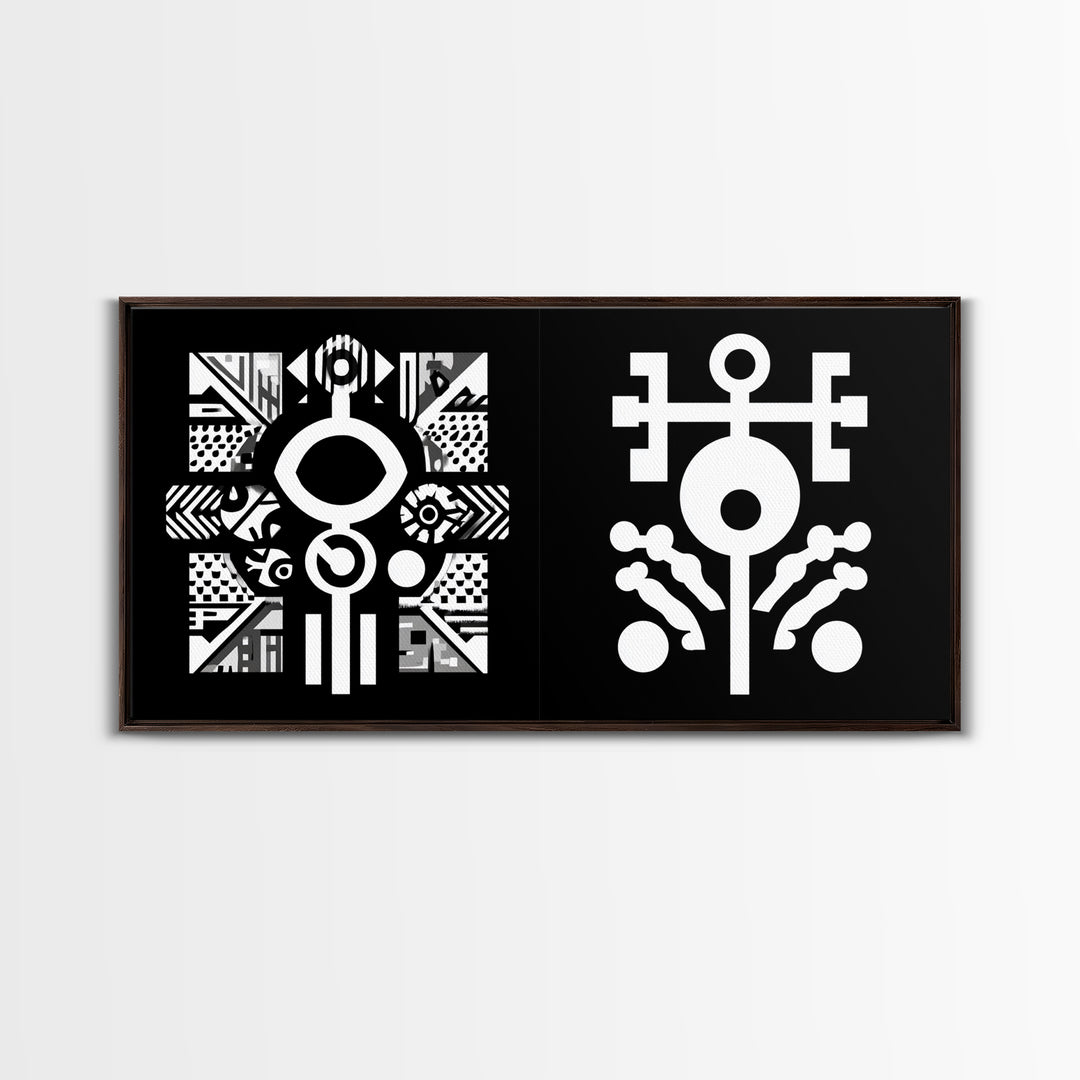 Black And White Adinkra Symbol Wall Art, African Tribal Abstract Canvas Print, Geometric Spiritual Decor, Bold Pattern Gift