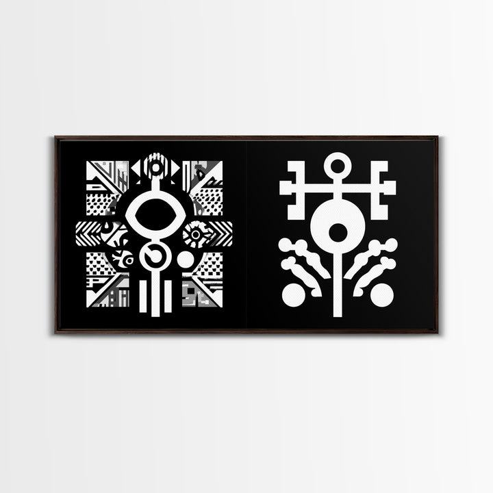 Black And White Adinkra Symbol Wall Art, African Tribal Abstract Canvas Print, Geometric Spiritual Decor, Bold Pattern Gift
