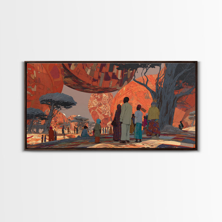 Futuristic Orange Baobab Village Wall Art, African Landscape Canvas Print, Afrocentric Safari Decor, Dreamy Cultural Artwork