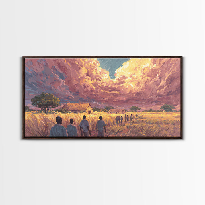 African Village Sunset Walk Wall Art, Rural Landscape Painting, Motherland Decor, African Safari Art, Boho Home Decor Gift