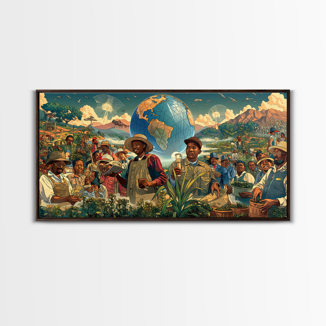 Joyful African Farmers And Floating Globe Wall Art, Afrofuturism Decor, Cultural Art Print, Colorful Africa Poster Print