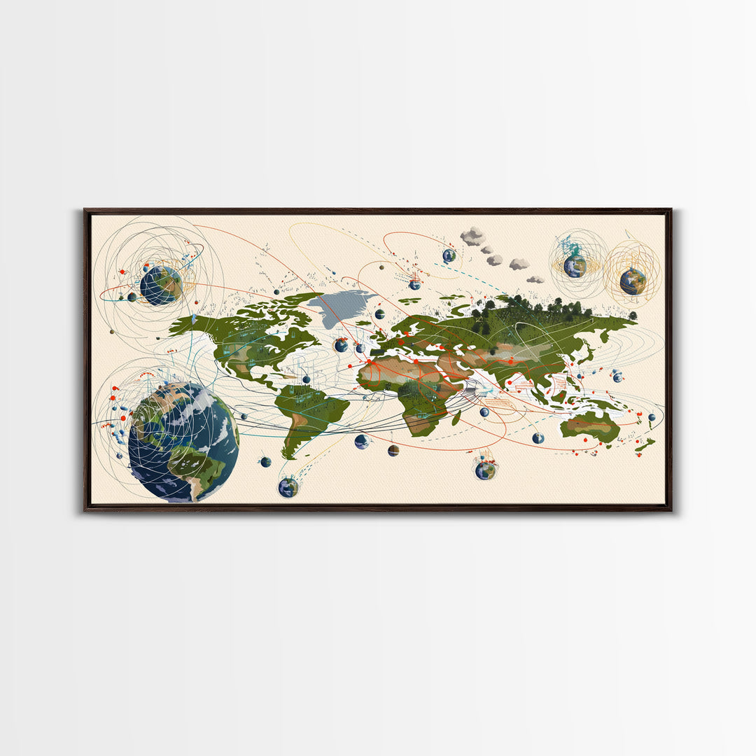 Global Network Map With Africa Orbitals Wall Art, Digital World Map Art, Modern Office Decor, Futuristic Abstract Art Print
