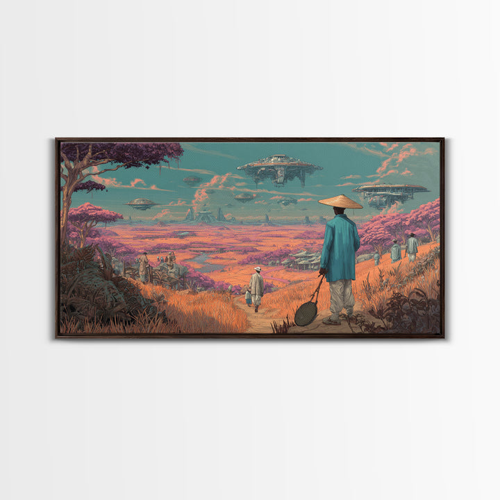 Afrofuturist Traveler In Pink Alien Savannah Canvas Print, African Sci Fi Wall Art, Dreamy Landscape, Unique Home Decor