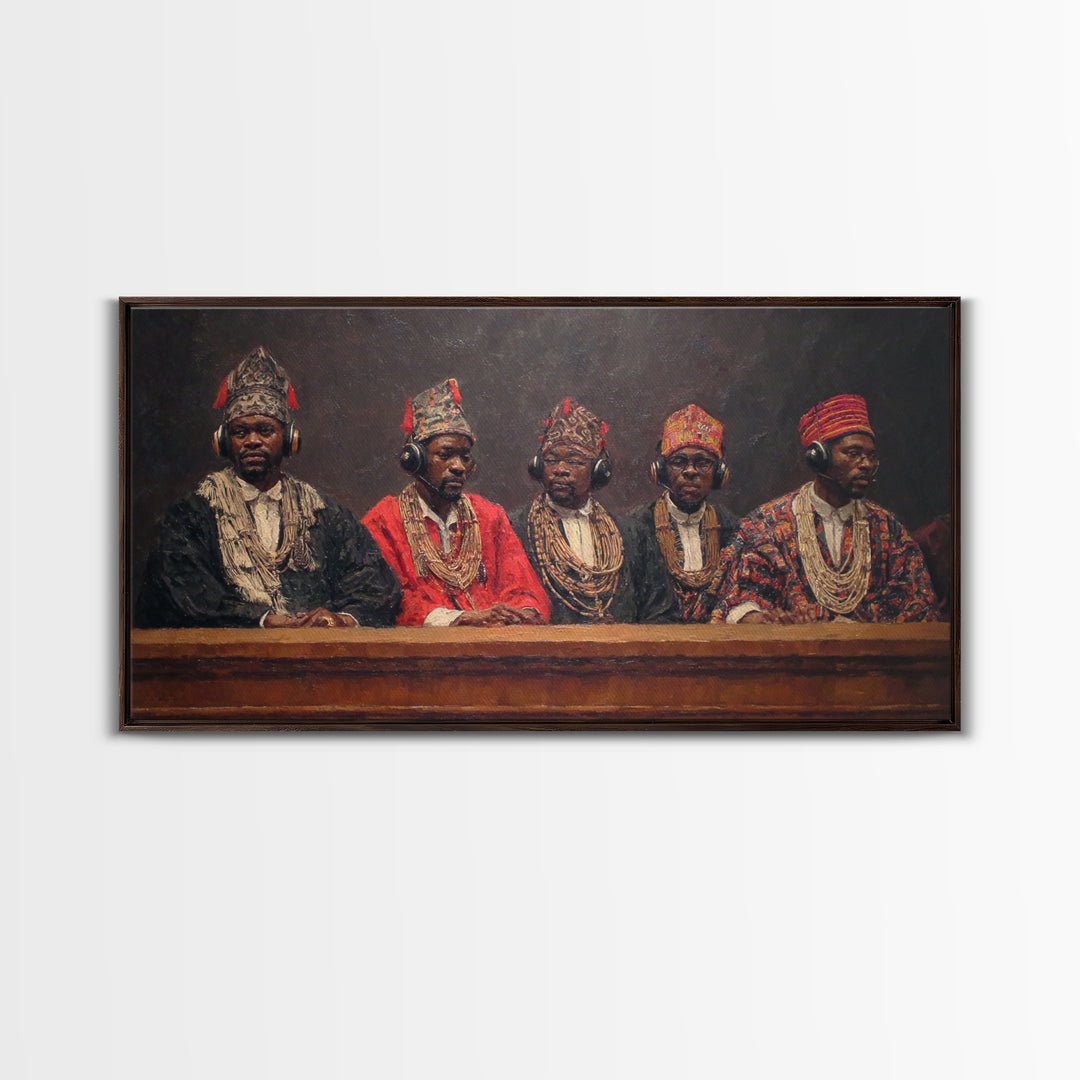 Traditional African Tribunal With Ornate Hats Wall Art, Tribal Queen Art, Cultural Portrait, Black History Gift, Bold Decor