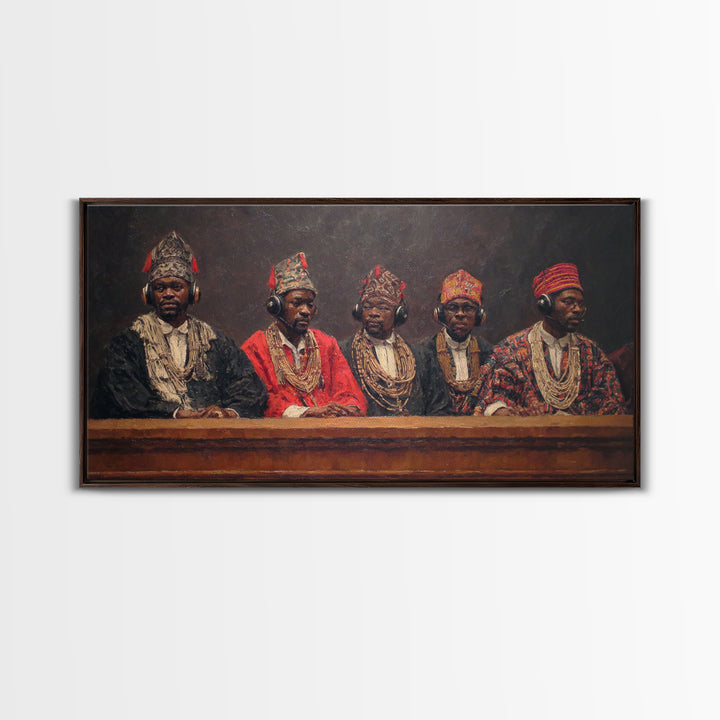 Traditional African Tribunal With Ornate Hats Wall Art, Tribal Queen Art, Cultural Portrait, Black History Gift, Bold Decor