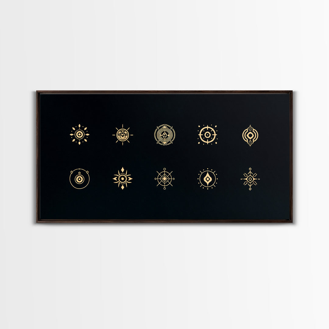 Gold African Tribal Sun Symbols On Black Canvas Print, Minimalist Afrocentric Wall Art, Spiritual Decor, Ethnic Pattern Art