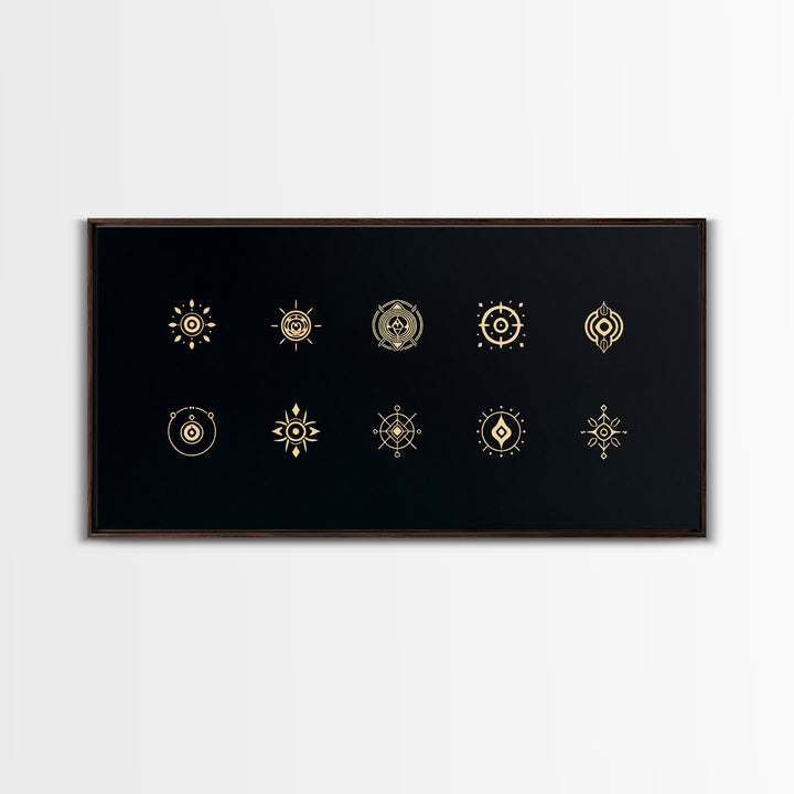 Gold African Tribal Sun Symbols On Black Canvas Print, Minimalist Afrocentric Wall Art, Spiritual Decor, Ethnic Pattern Art