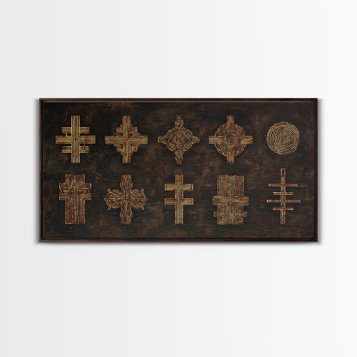 Gold Tribal Cross Symbols On Dark Texture Wall Art, African Patterns, Abstract African Art, Cultural Wall Decor, Modern Canvas
