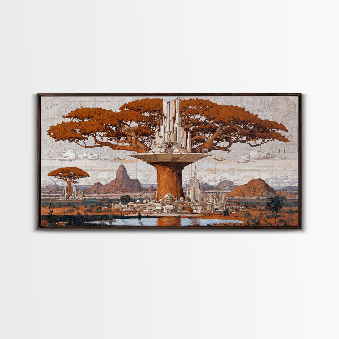 Sepia Baobab Tree Megacity In African Landscape Wall Art, African Tree, African Safari Art, Earth Tone Wall Art, Home Decor