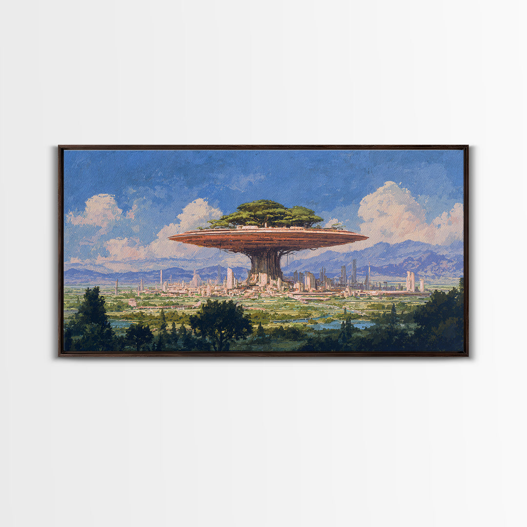 Floating Acacia Tree City Under Blue Sky Canvas Print, African Landscape, Modern Canvas Art, Serengeti Wall Art, Unique Home Decor